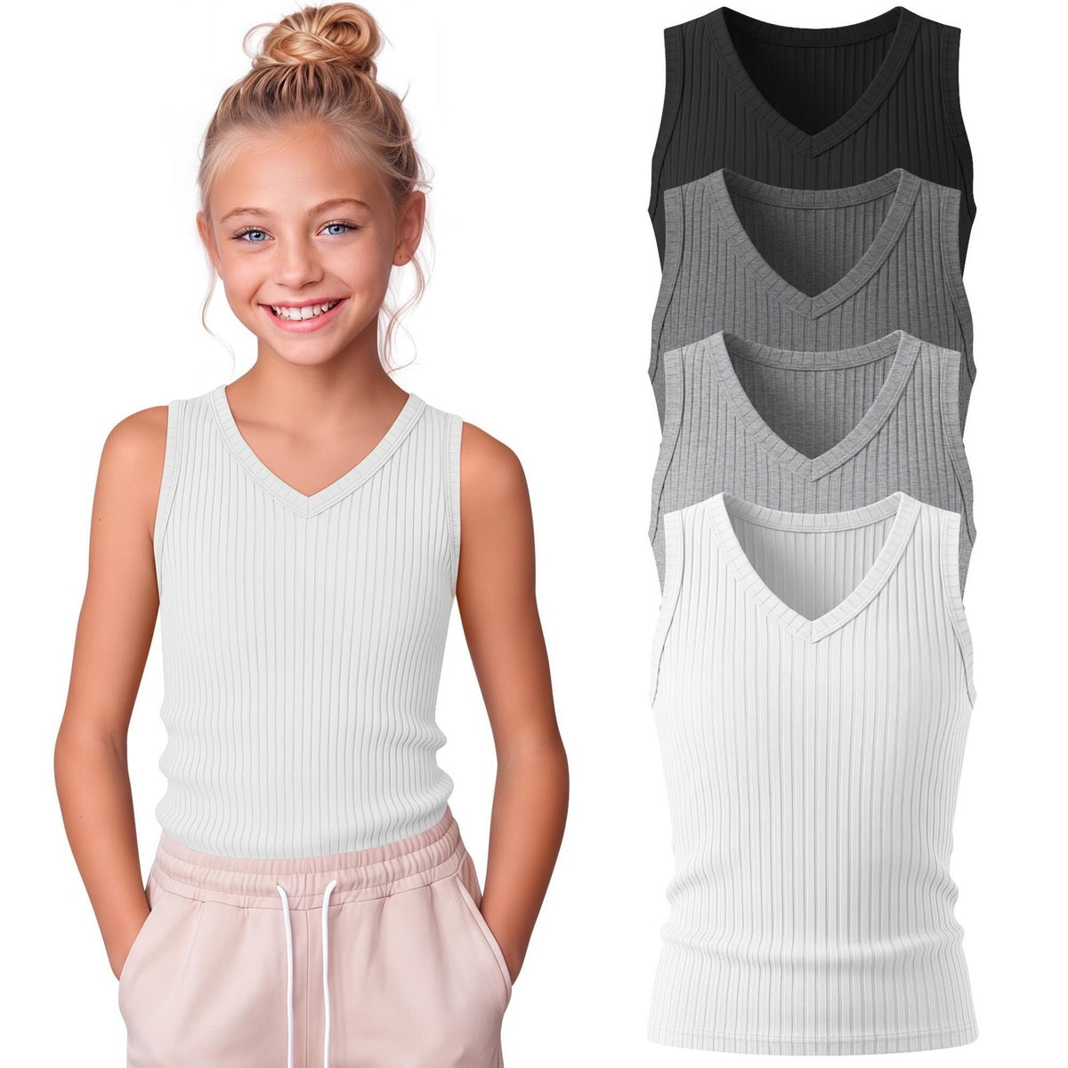 Oakgarden Girls 4 Pack Ribbed V Neck Tank Tops 9-10 Years Multicolor