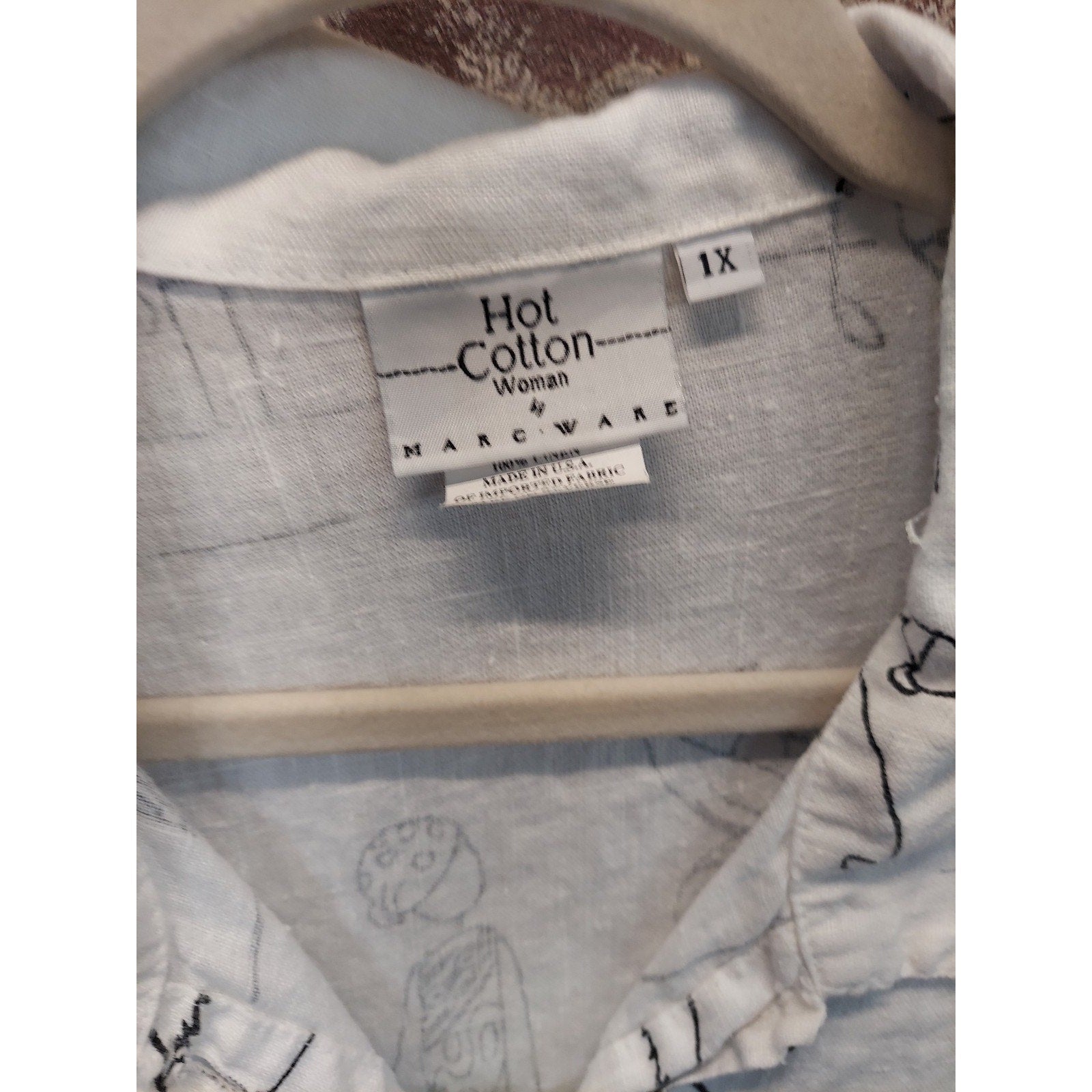 Hot Cotton Woman Womens 1X White Black Print Button Down Short Sleeve Shirt 100%