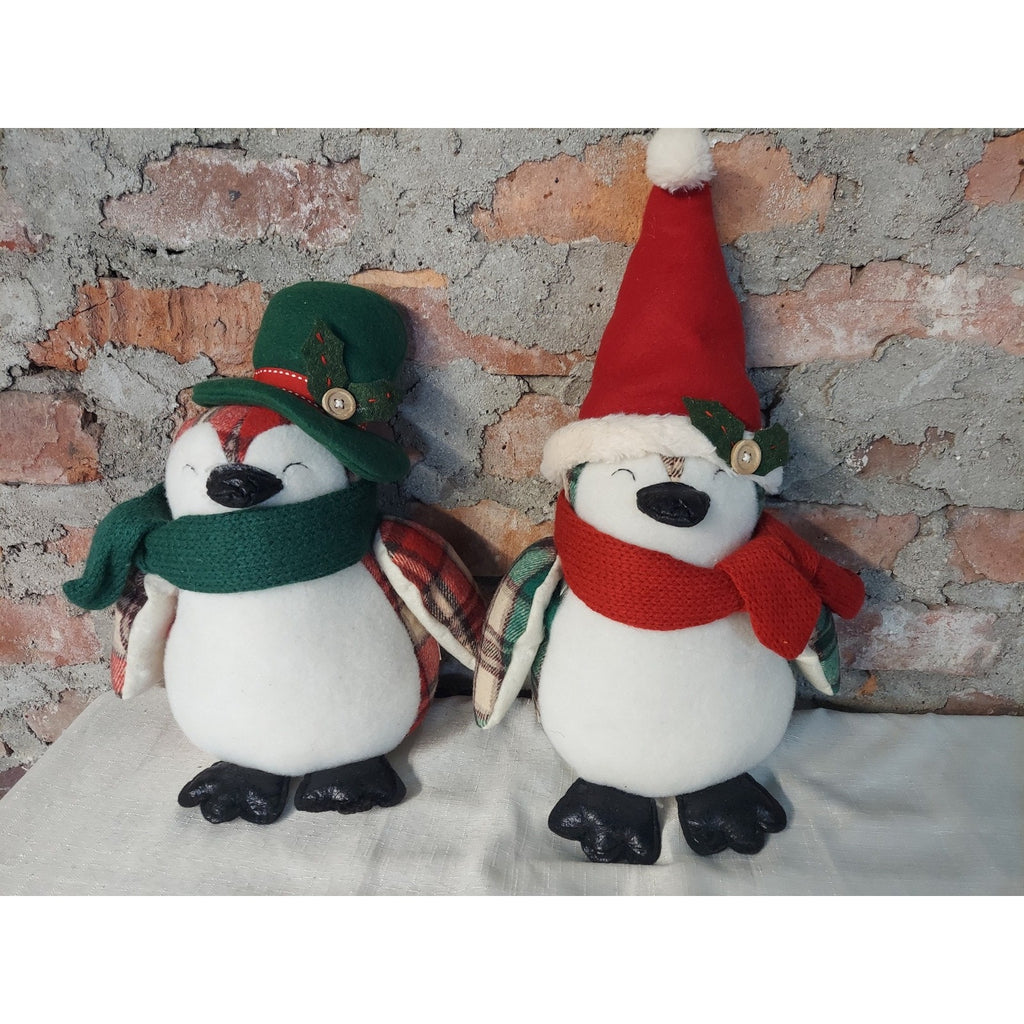 Christmas Penguin Holiday Decor Set 2 Plush Stuffed Animal Farmhouse Red Green