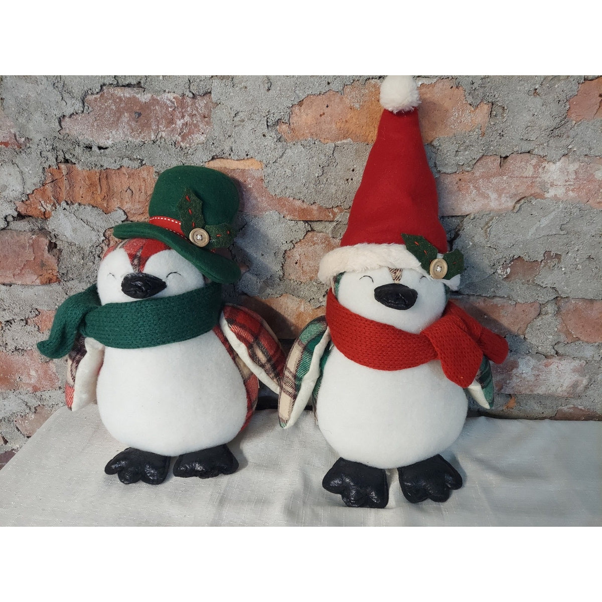 Christmas Penguin Holiday Decor Set 2 Plush Stuffed Animal Farmhouse Red Green