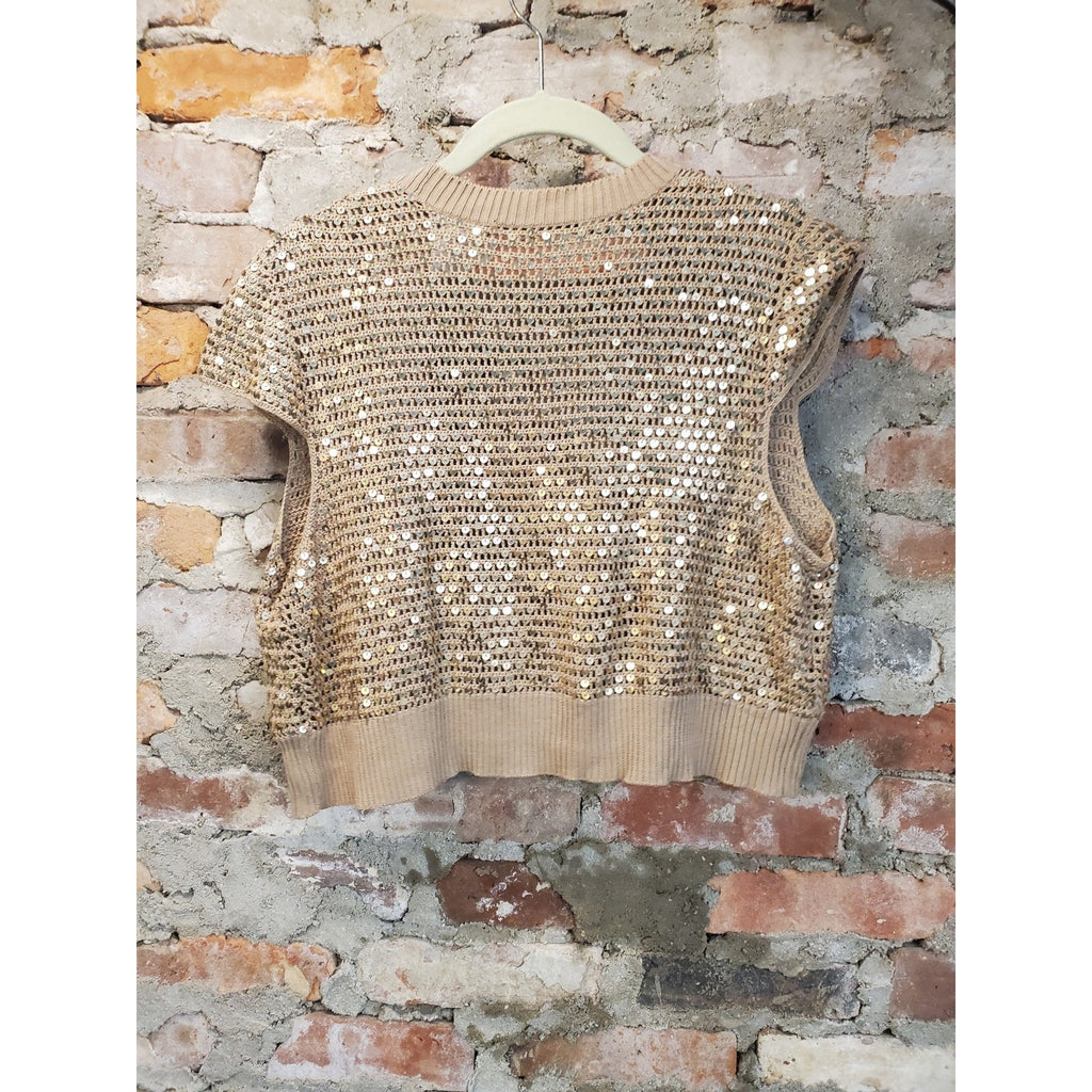Womens Sz L Sequin Knit Short Sleeve Open Front Cardigan Tan Gold Metallic