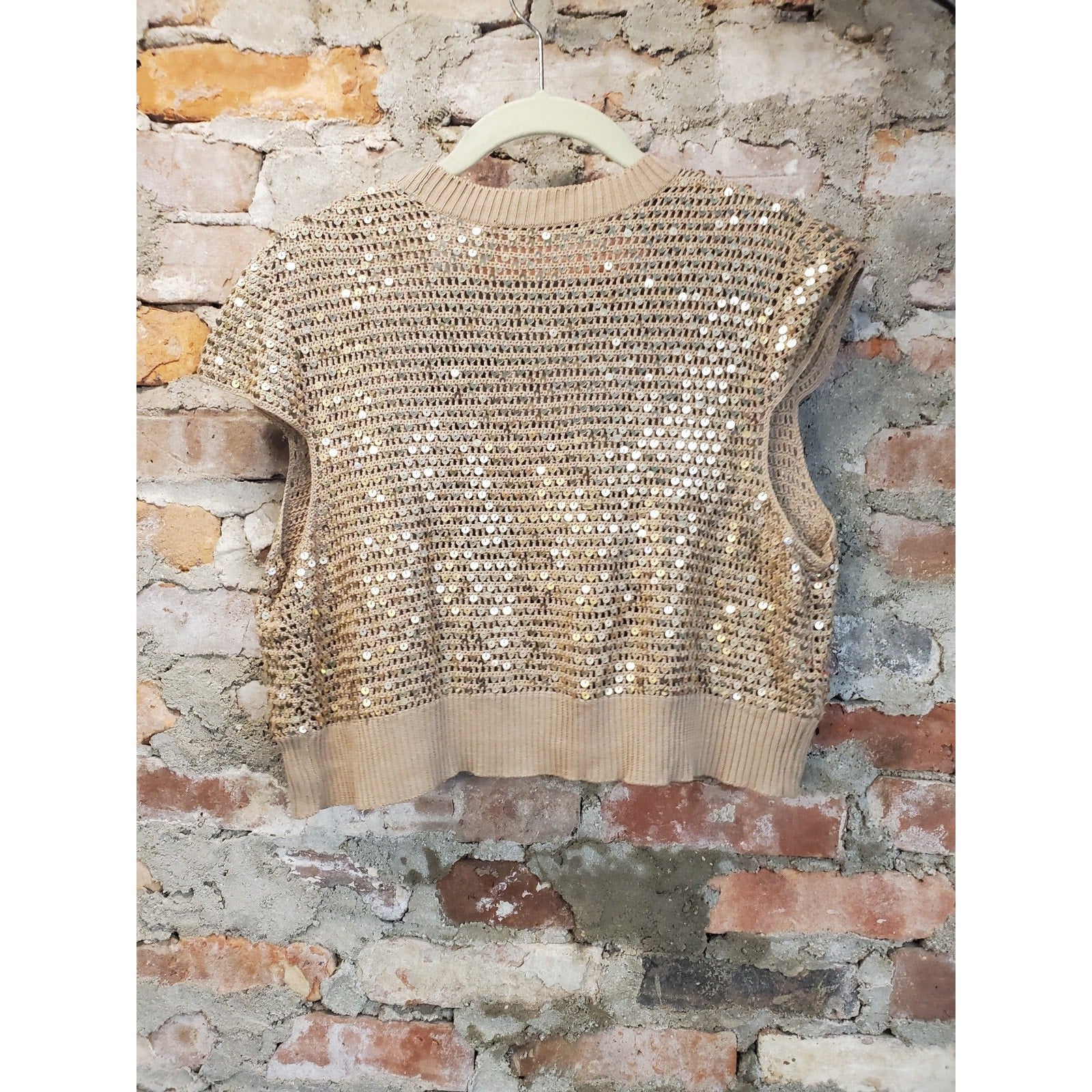 Womens Sz L Sequin Knit Short Sleeve Open Front Cardigan Tan Gold Metallic
