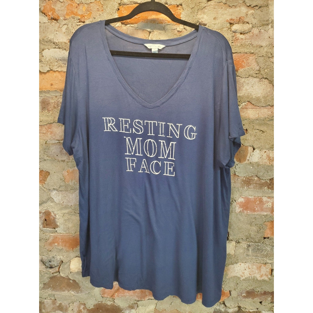 Boutique Womens T Shirt 2X Blue Resting Mom Face Graphic Print V Neck Short