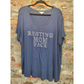 Boutique Womens T Shirt 2X Blue Resting Mom Face Graphic Print V Neck Short