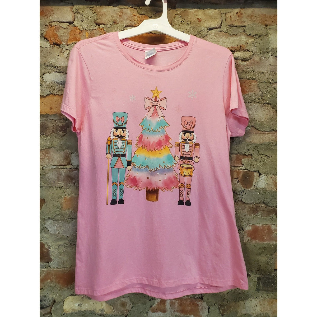 Port & Company Womens T Shirt L Pink Nutcracker Christmas Tree Graphic Tee