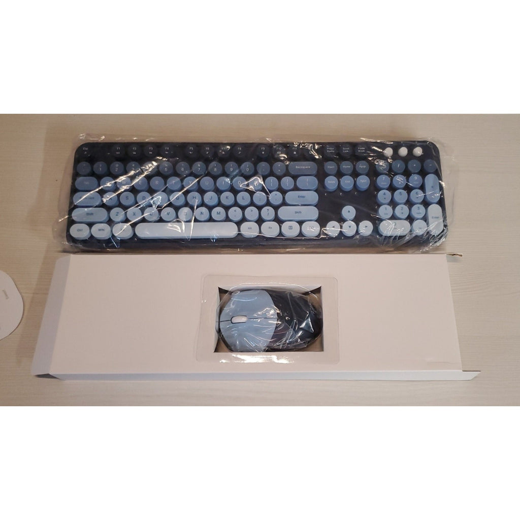 Wireless Bluetooth Keyboard Mouse Combo Set Round Keys Blue Grey Retro PC Mac