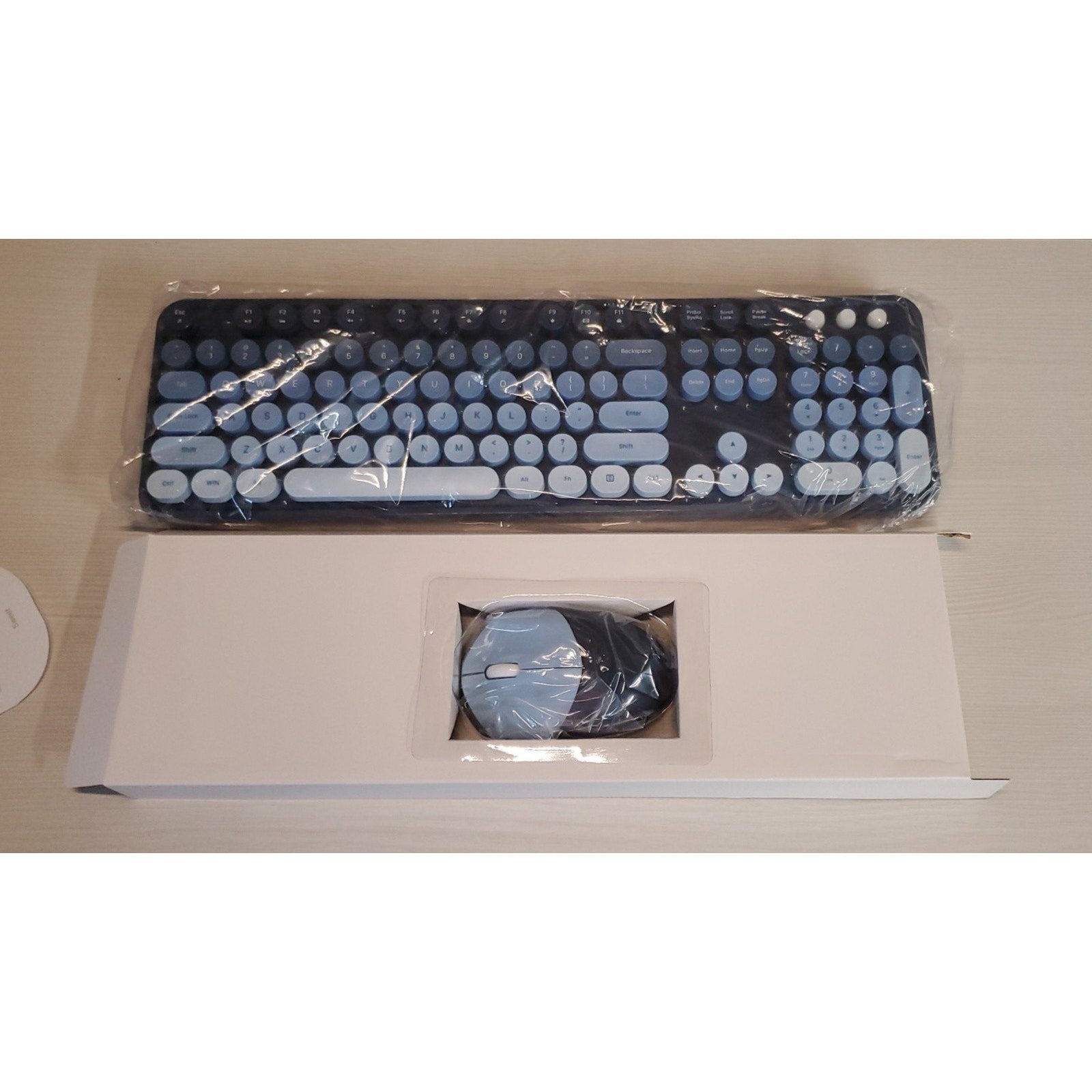 Wireless Bluetooth Keyboard Mouse Combo Set Round Keys Blue Grey Retro PC Mac
