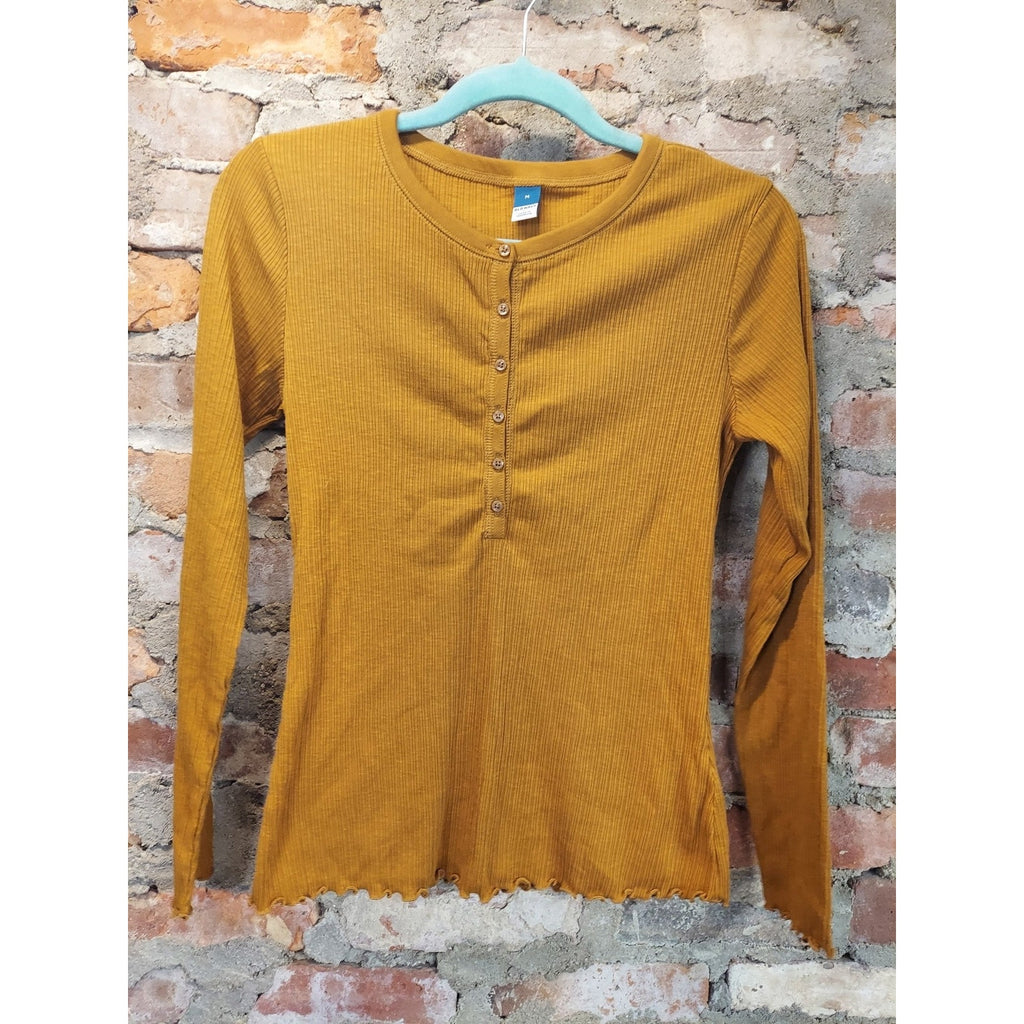 Old Navy Womens Long Sleeve Henley Shirt M Mustard Yellow Ribbed Lettuce Edge