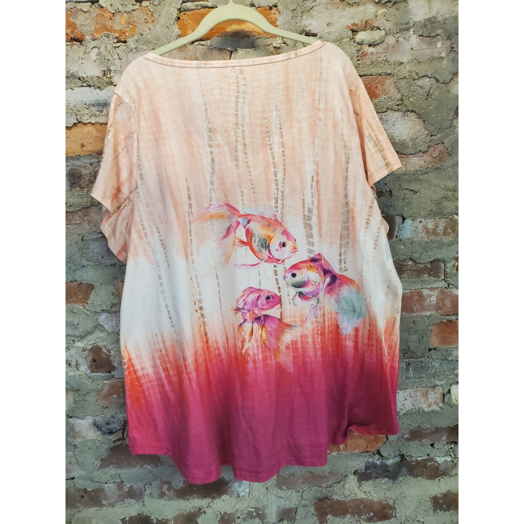 Coral Bay Womens 3X Orange Pink Goldfish Tie Dye Ombre V Neck Short Sleeve Top