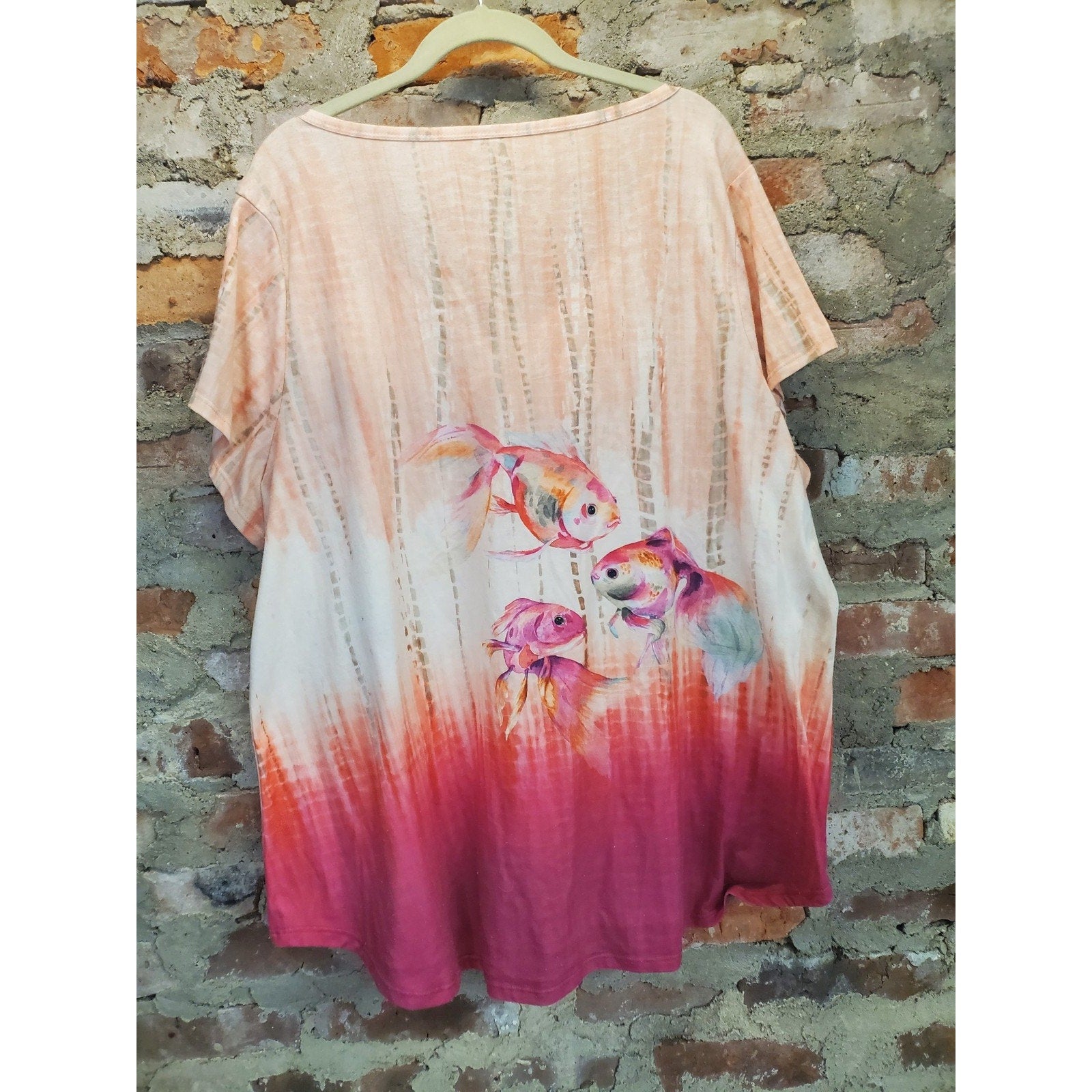 Coral Bay Womens 3X Orange Pink Goldfish Tie Dye Ombre V Neck Short Sleeve Top