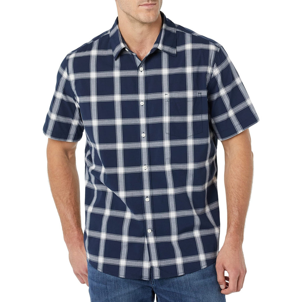 Amazon Essentials Mens S Short Sleeve Button Down Navy White Plaid Shirt