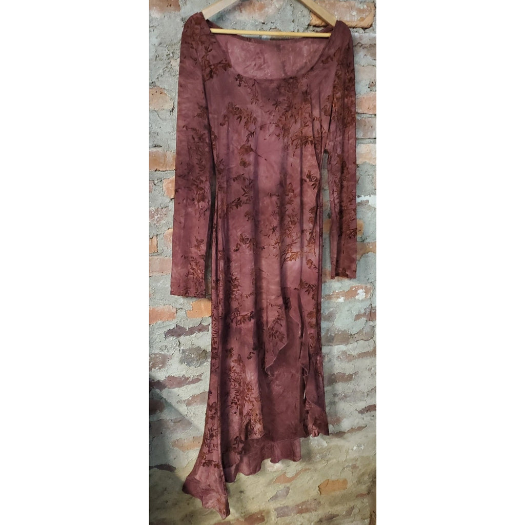 Gertu Womens Long Sleeve Dress M Mauve Brown Floral Butterfly Asymmetrical Hem