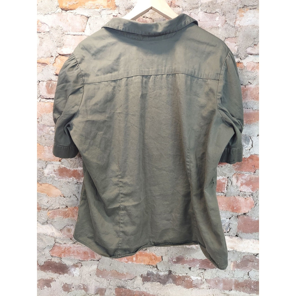 APT. 9 Womens Ruffle Blouse 3X Olive Green Short Sleeve Button Down Cotton