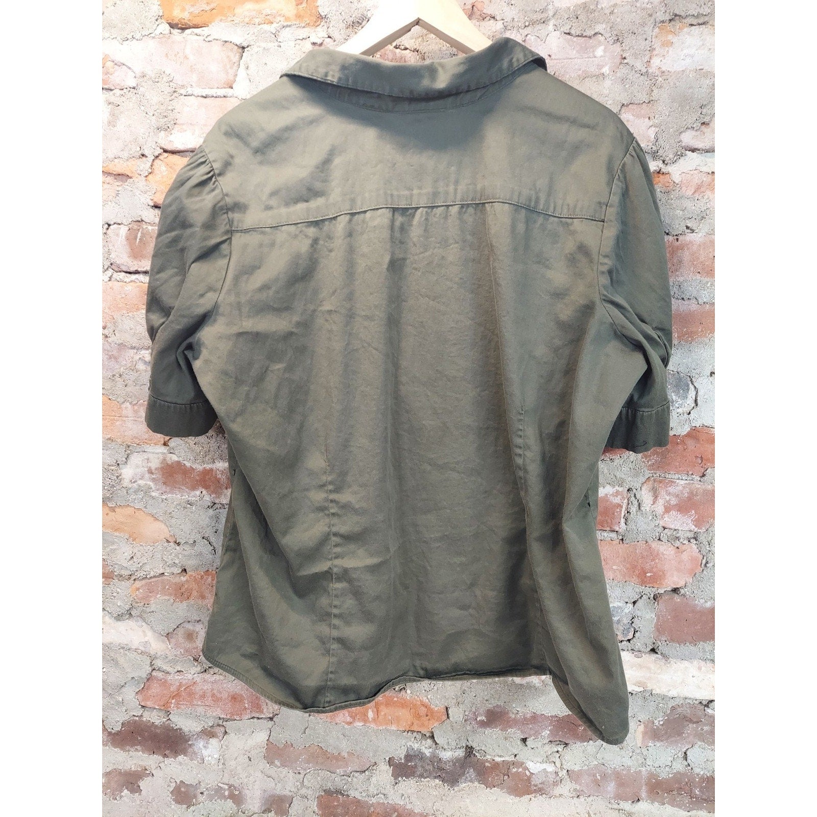 APT. 9 Womens Ruffle Blouse 3X Olive Green Short Sleeve Button Down Cotton