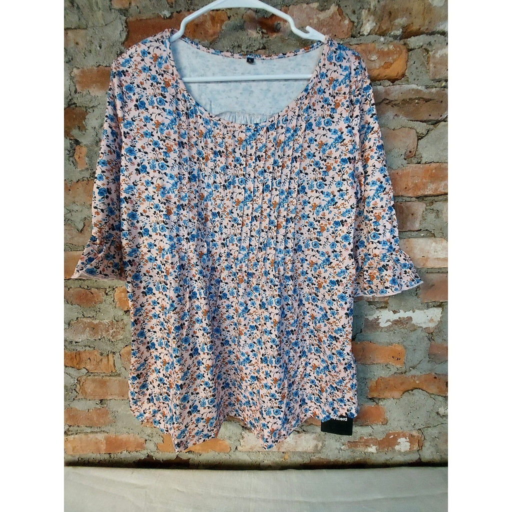 Womens Sz L Tunic Blouse Pink Blue Floral 3/4 Sleeve Pleated Ruffle Scoop Neck