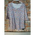 Womens Sz L Tunic Blouse Pink Blue Floral 3/4 Sleeve Pleated Ruffle Scoop Neck