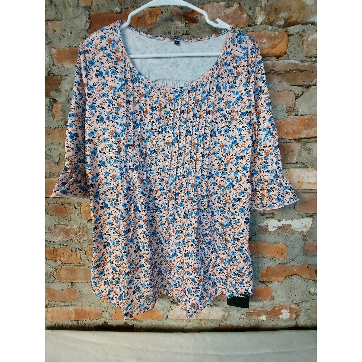 Womens Sz L Tunic Blouse Pink Blue Floral 3/4 Sleeve Pleated Ruffle Scoop Neck