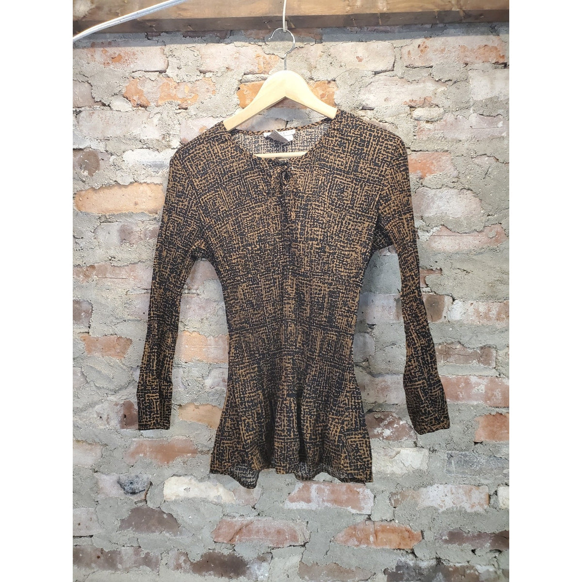 Fred David Stretch Womens Long Sleeve Blouse L Brown Black Print Polyester