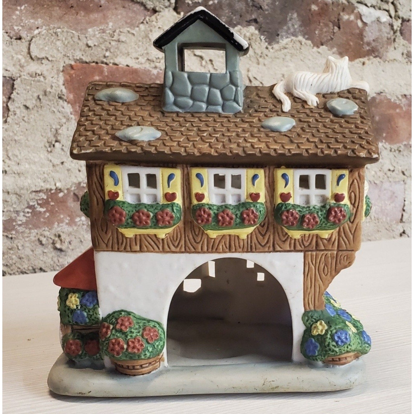 International Craft Flower Shop Village House Figurine Tea Light Candle Holder