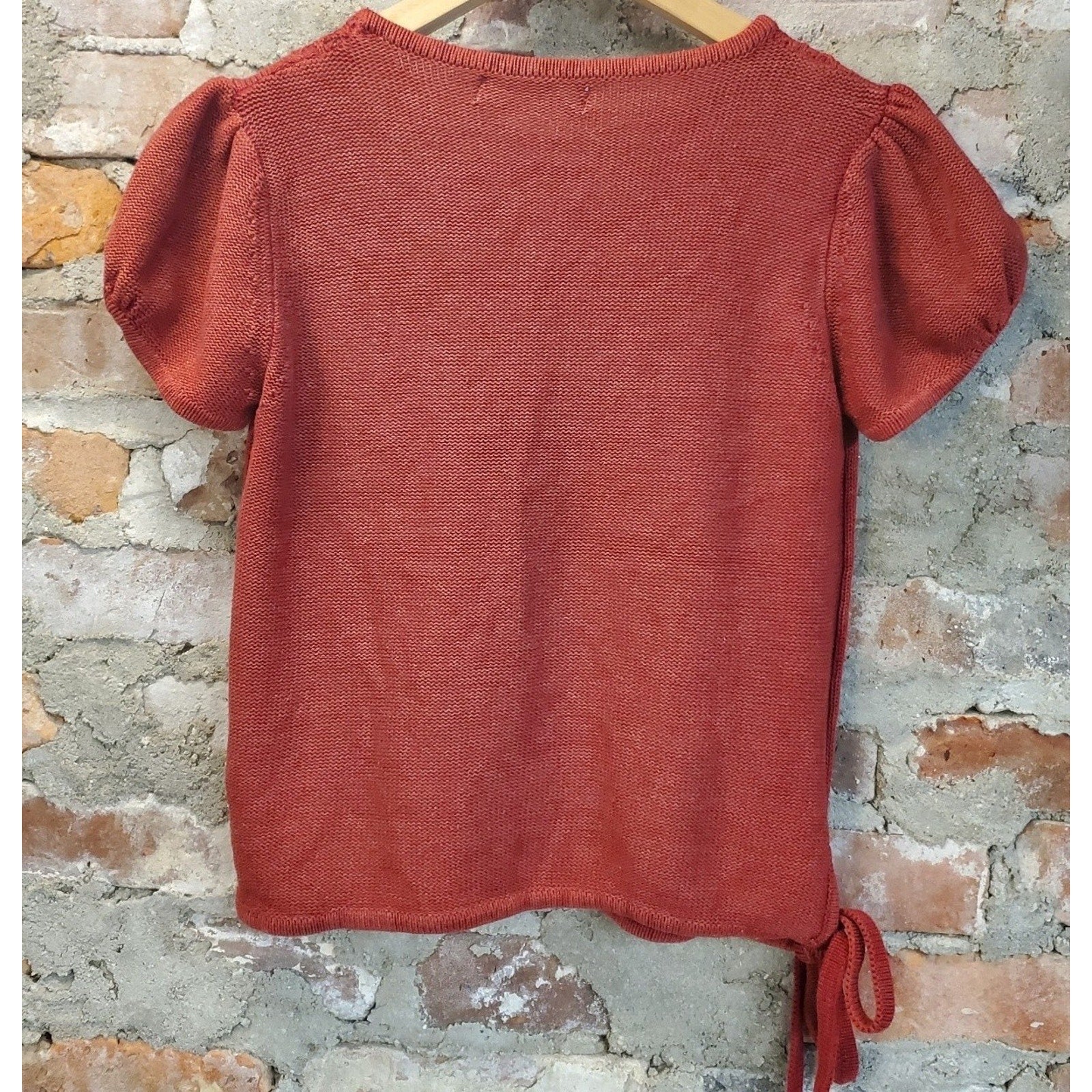 JINSHOUHUA Womens Knit Top Rust Puff Sleeve Side Tie Pointelle Short Sleeve