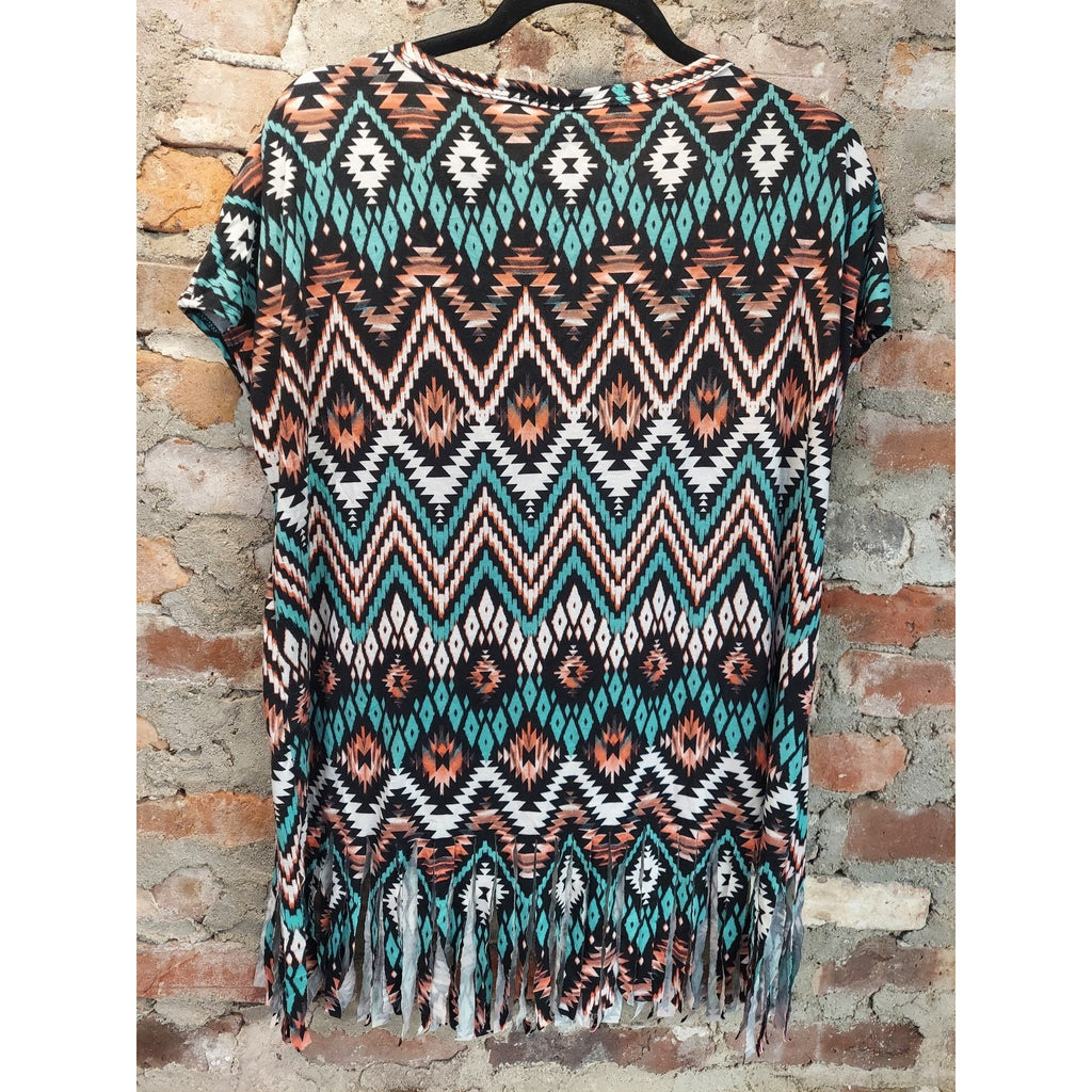 Ginger G Womens Plus 1X Fringe Tunic Top Multicolor Tribal Aztec V Neck Gold