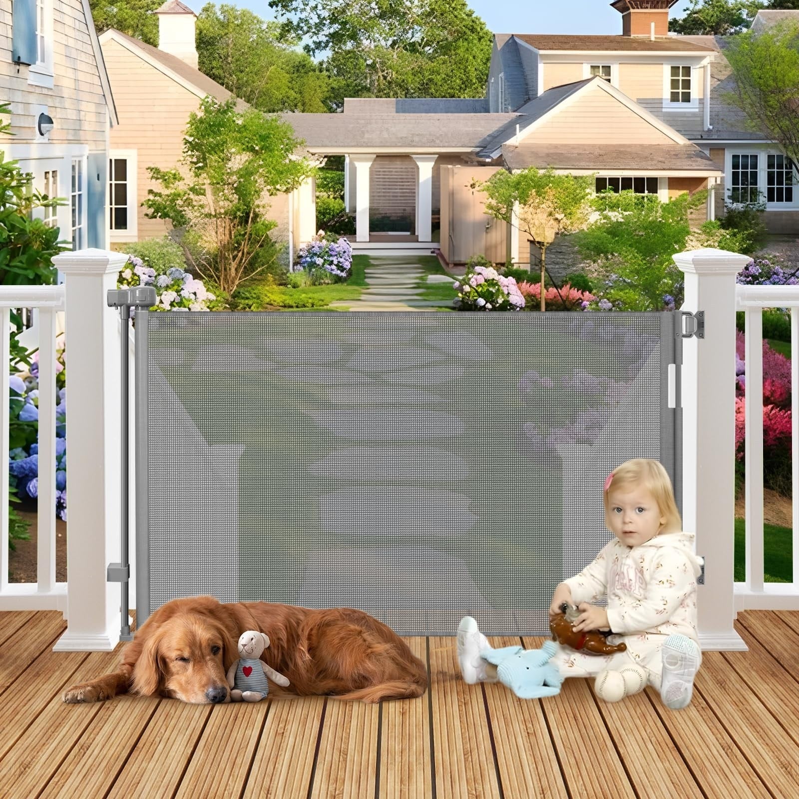 Weatherproof Outdoor Retractable Dog Gate for Deck w No Rust Stainless Steel