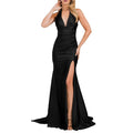 Womens Halter Dress Small Black V Neck High Slit Ruched Mermaid Gown