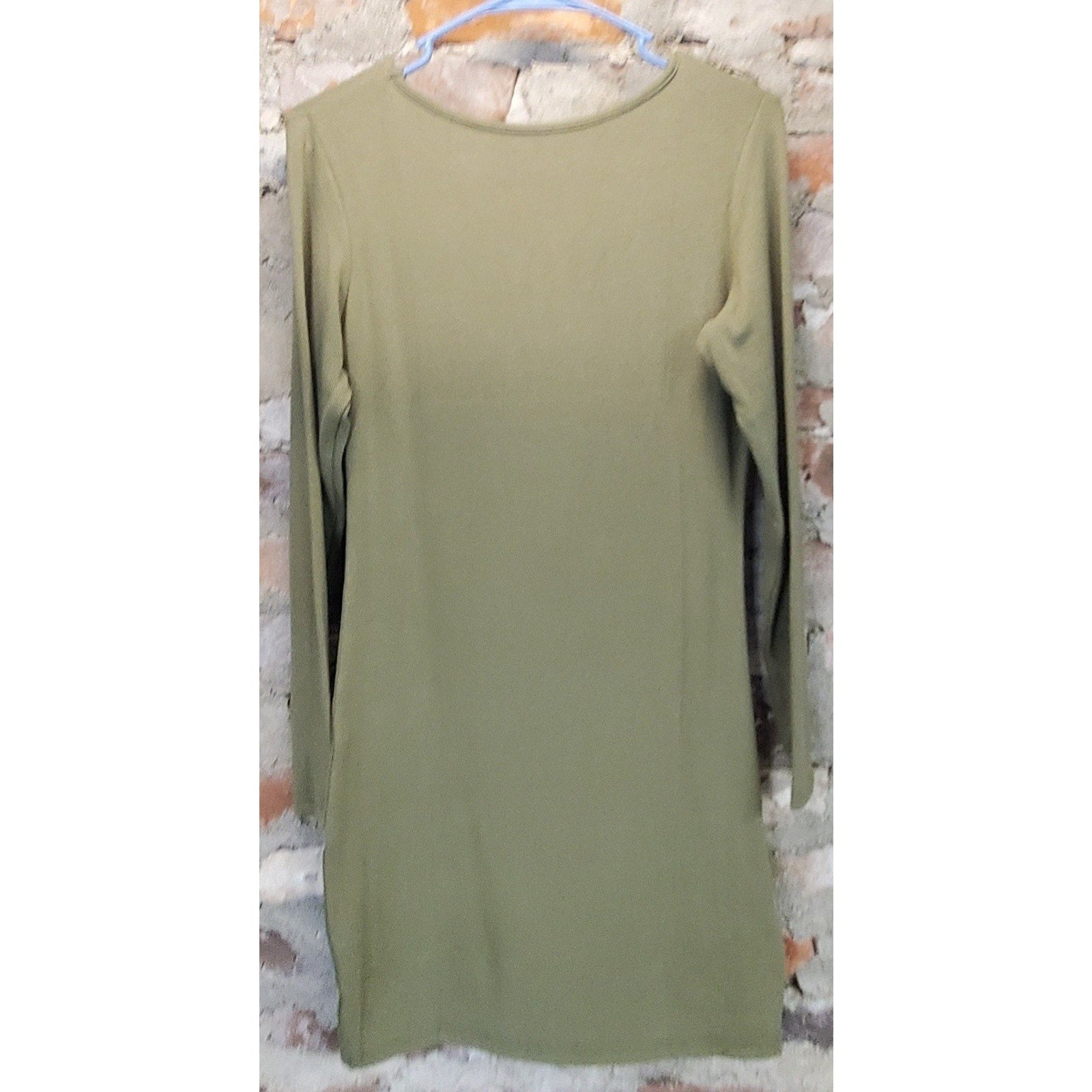 Womens Long Sleeve Dress L Olive Green Keyhole Neckline Polyester Spandex