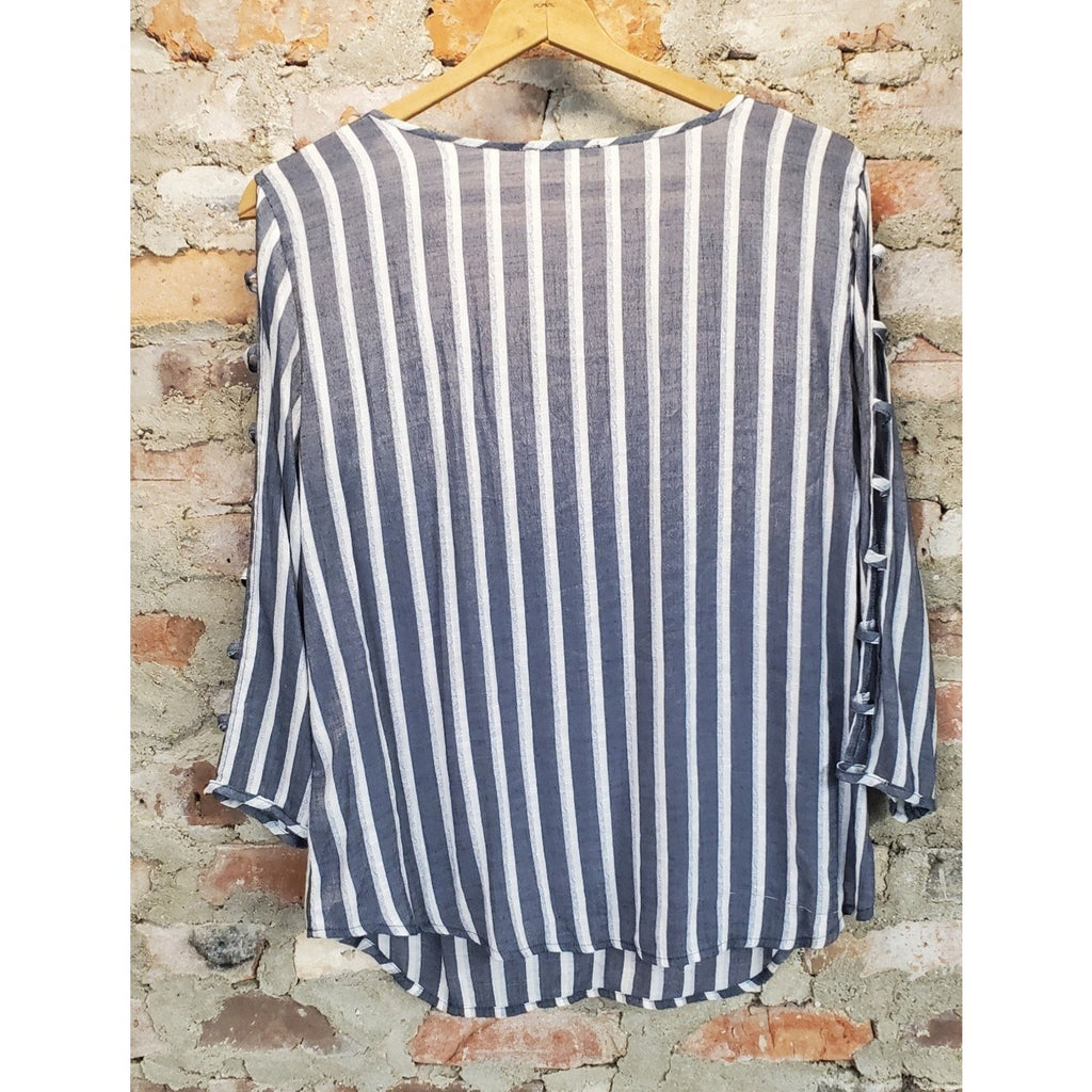 COMO BLACK Womens Blouse XL Blue White Striped V Neck Tie Front Cold Shoulder