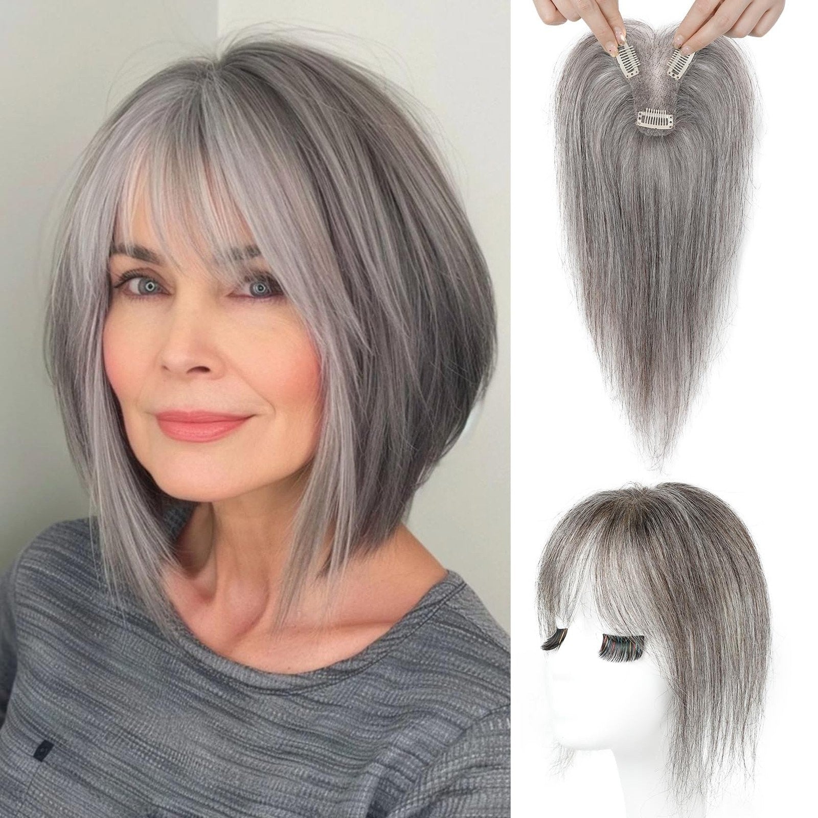 Reecho Hair Topper Hairpiece With Bangs Fringe Clip In Gray Women Top Wiglet