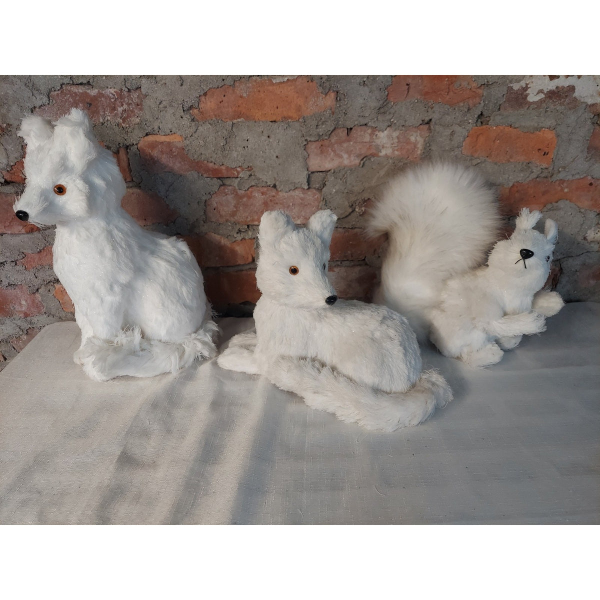 White Fox Squirrel Faux Fur Animal Figures Lot 3 Winter Holiday Decor Glitter