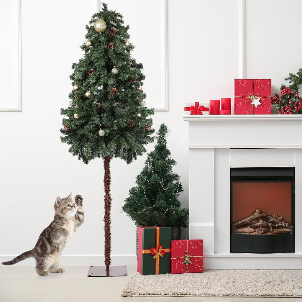 Artificial Christmas Tree 6ft Pencil Slim Green Pinecones Cat Proof Pets