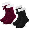 Womens Slipper Socks 2 Pair Burgundy Black Cable Knit Sherpa Lined Pom Pom Warm