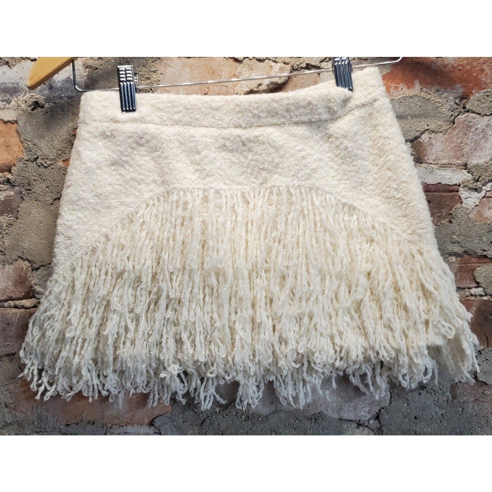 Womens S Mini Skirt Cream Fringe Textured Knit Winter Fall Y2K
