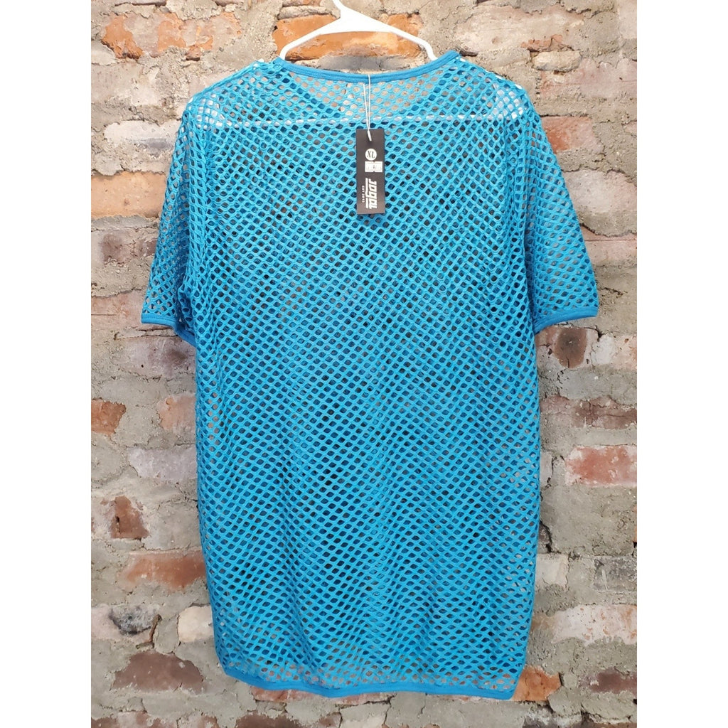TOPLUS Mens Fishnet Shirt XL Blue Mesh See Through Rave Clubwear NWT