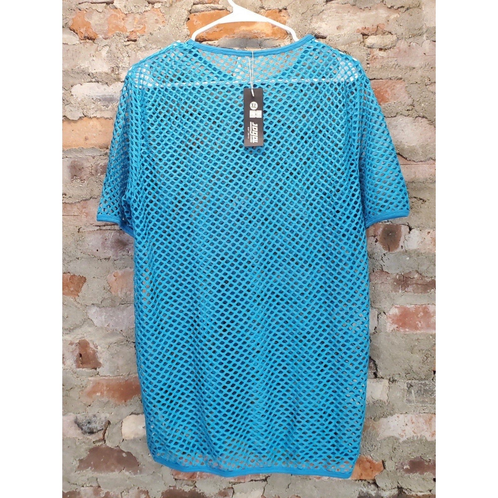 TOPLUS Mens Fishnet Shirt XL Blue Mesh See Through Rave Clubwear NWT