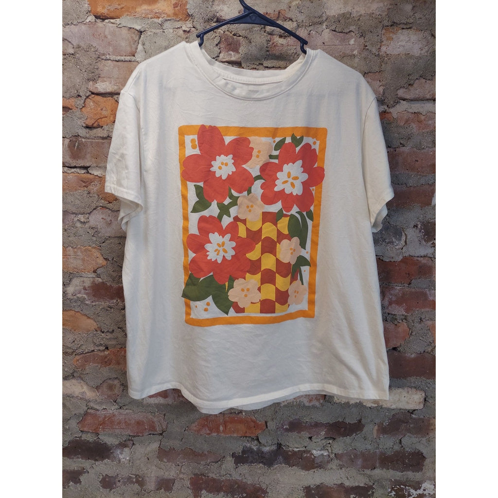 Sonoma Graphic Tee XXL Cream Floral Checkered Relaxed Short Sleeve