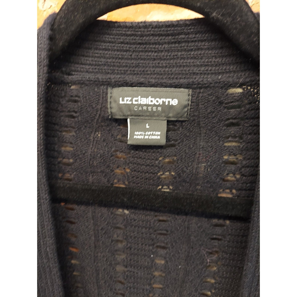Liz Claiborne Womens Career Open Knit Cardigan L Black 100 Cotton Half Sleeve