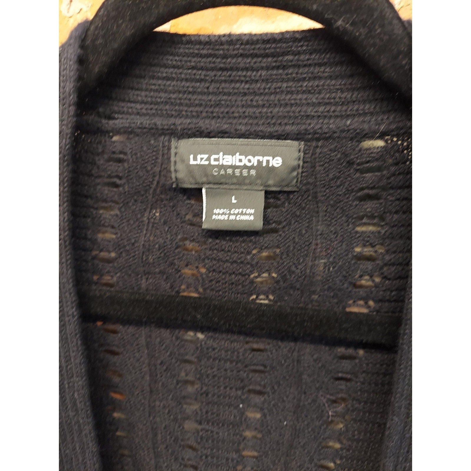 Liz Claiborne Womens Career Open Knit Cardigan L Black 100 Cotton Half Sleeve