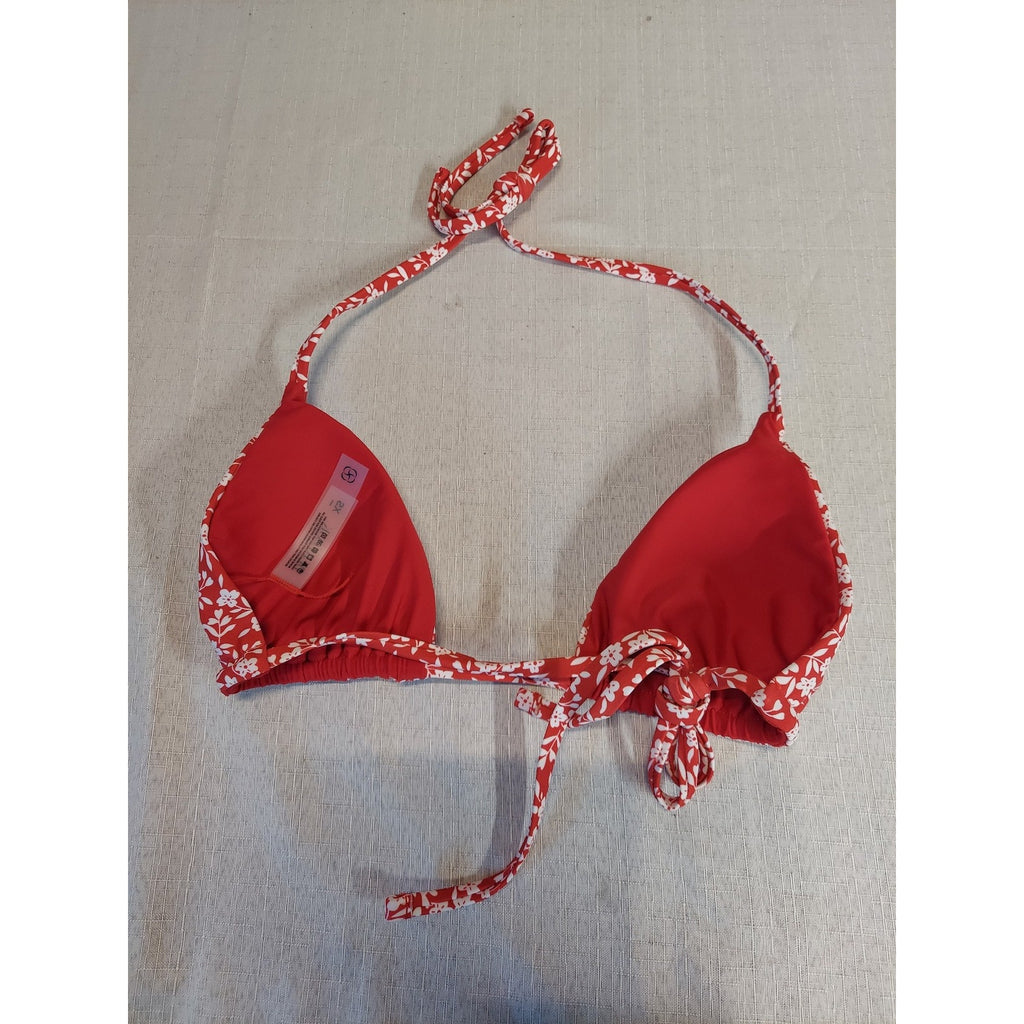 BERLOOK Womens Bikini Top XS Red White Floral Print Triangle Halter Tie NWT