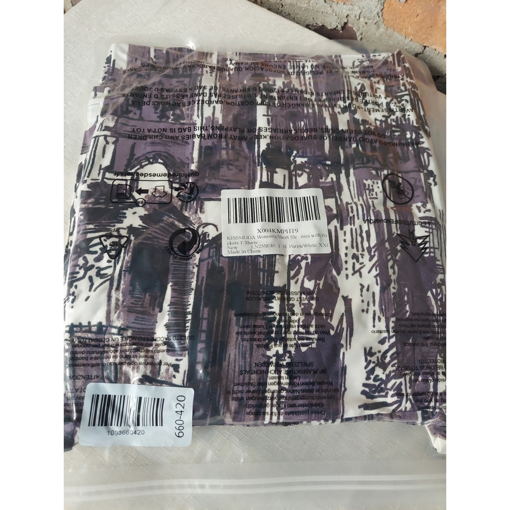 KISSMODA Womens XXL Purple White Tunic T Shirt Dress Pockets Abstract Print