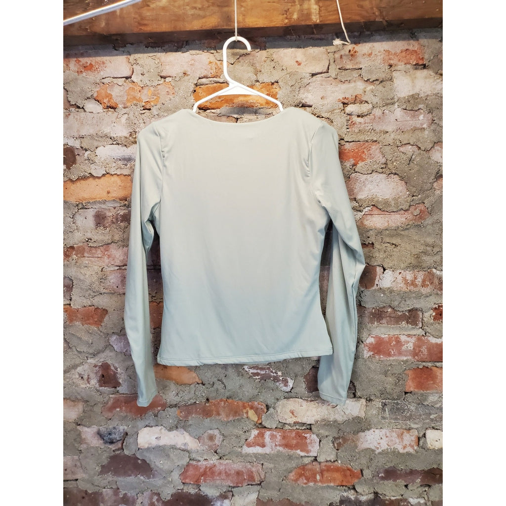 Curvy Womens Long Sleeve Top L Sage Green Square Neck Nylon Elastane Stretchy