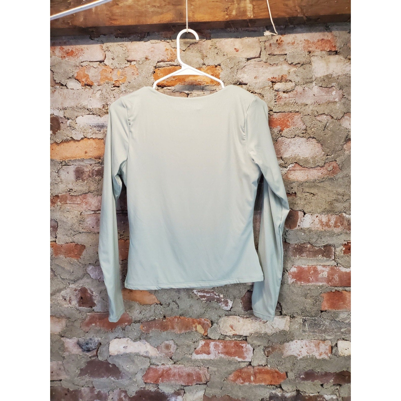 Curvy Womens Long Sleeve Top L Sage Green Square Neck Nylon Elastane Stretchy