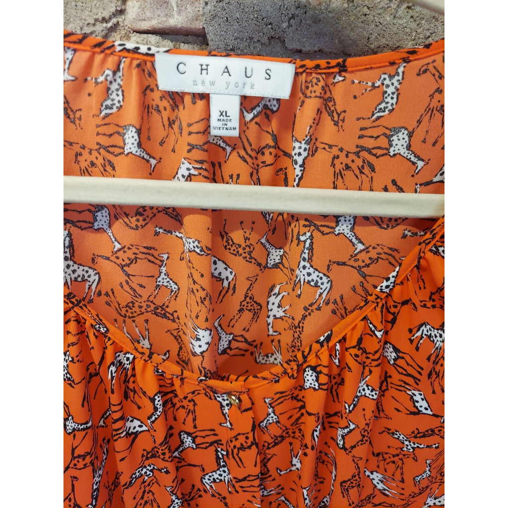 CHAUS Womens Blouse XL Orange Giraffe Print Long Sleeve Tie Front Scoop Neck