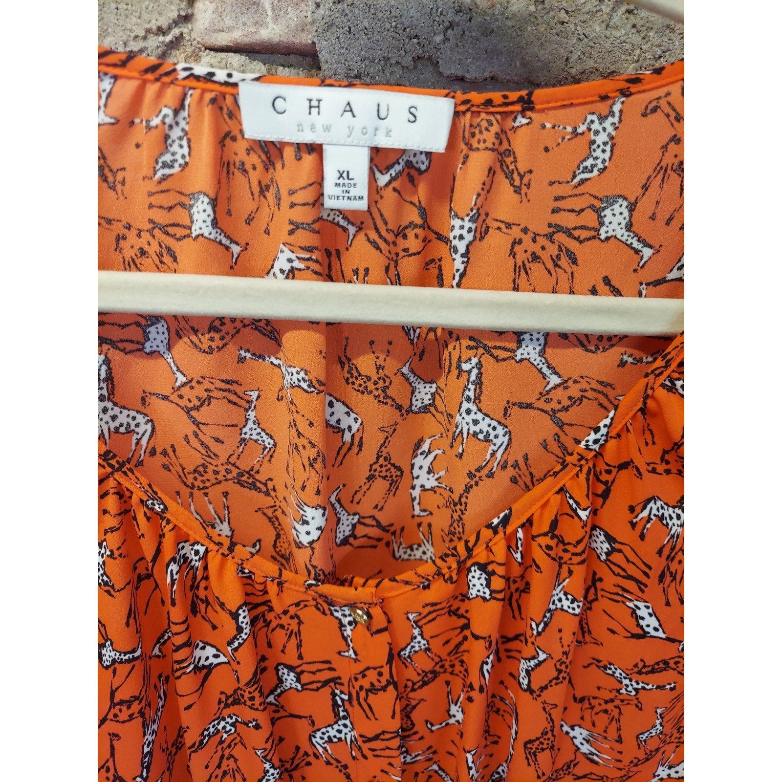 CHAUS Womens Blouse XL Orange Giraffe Print Long Sleeve Tie Front Scoop Neck
