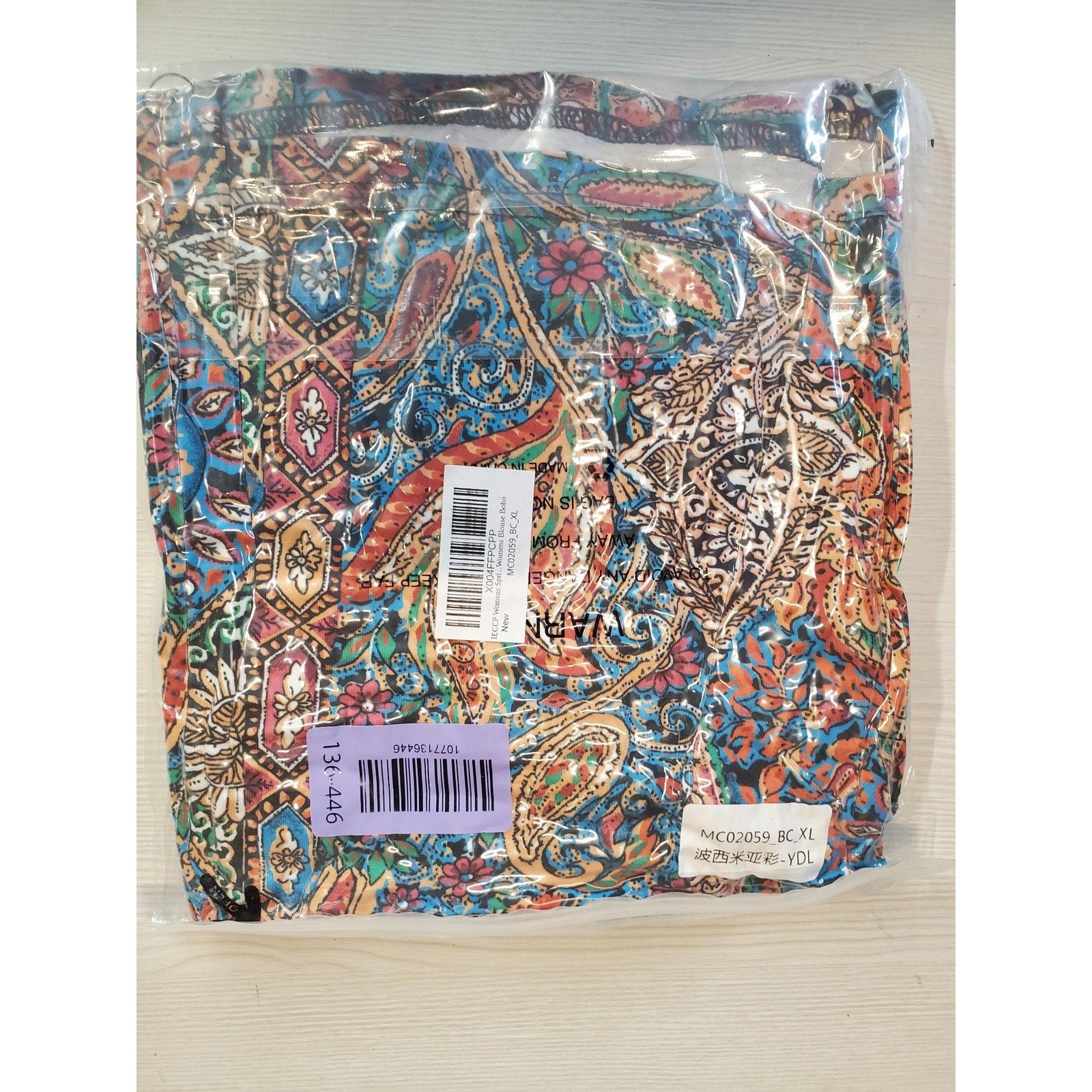 Womens Blouse XL Multicolor Paisley Patchwork 3/4 Sleeve Smocked Cuff Boho