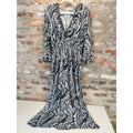 Womens 2X Black White Paisley Maxi Dress V Neck Ruffle 3/4 Sleeve Smocked Waist
