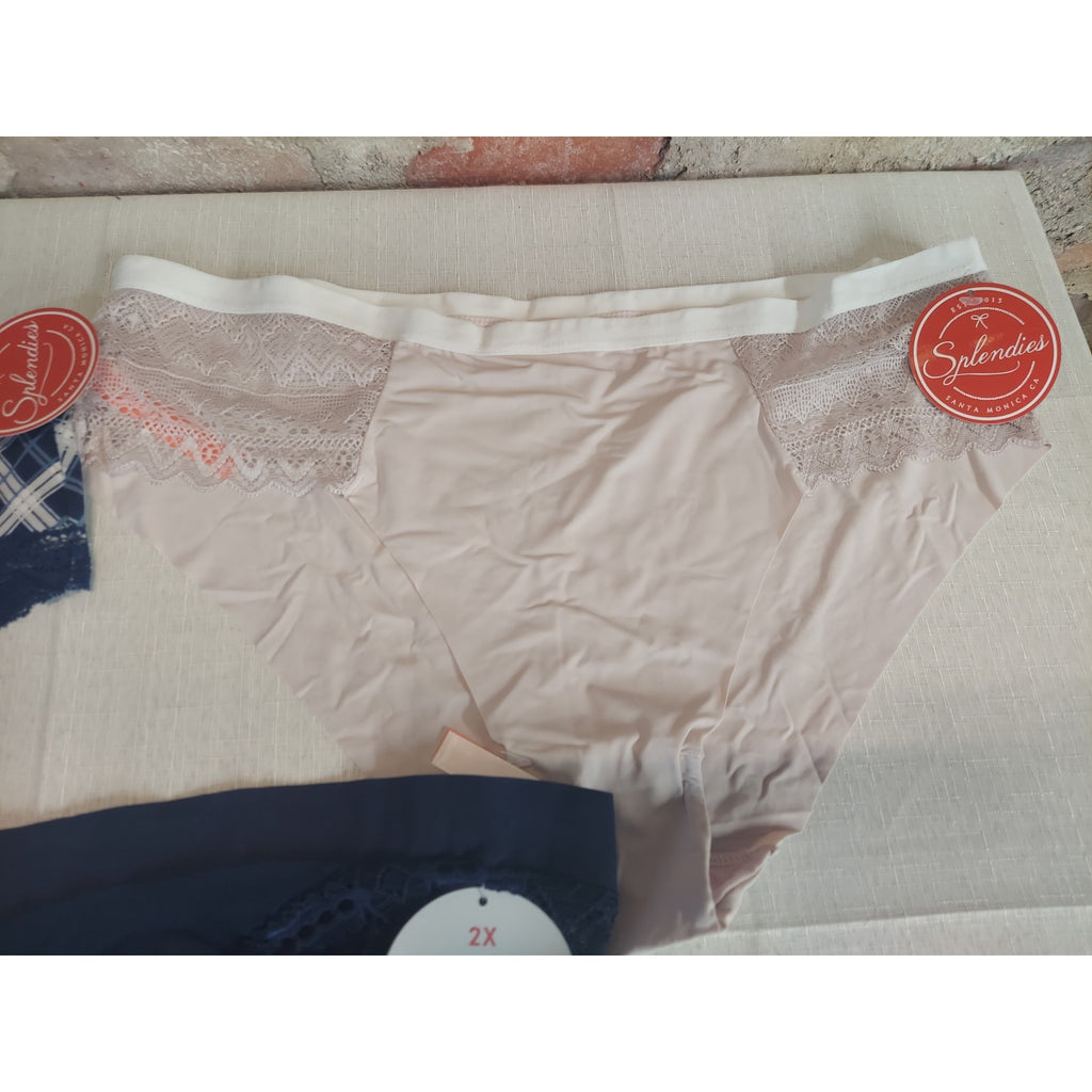 Splendies Womens Panties Underwear Lot 3 Pack 2X Plus Size NWT Plaid Lace Beige