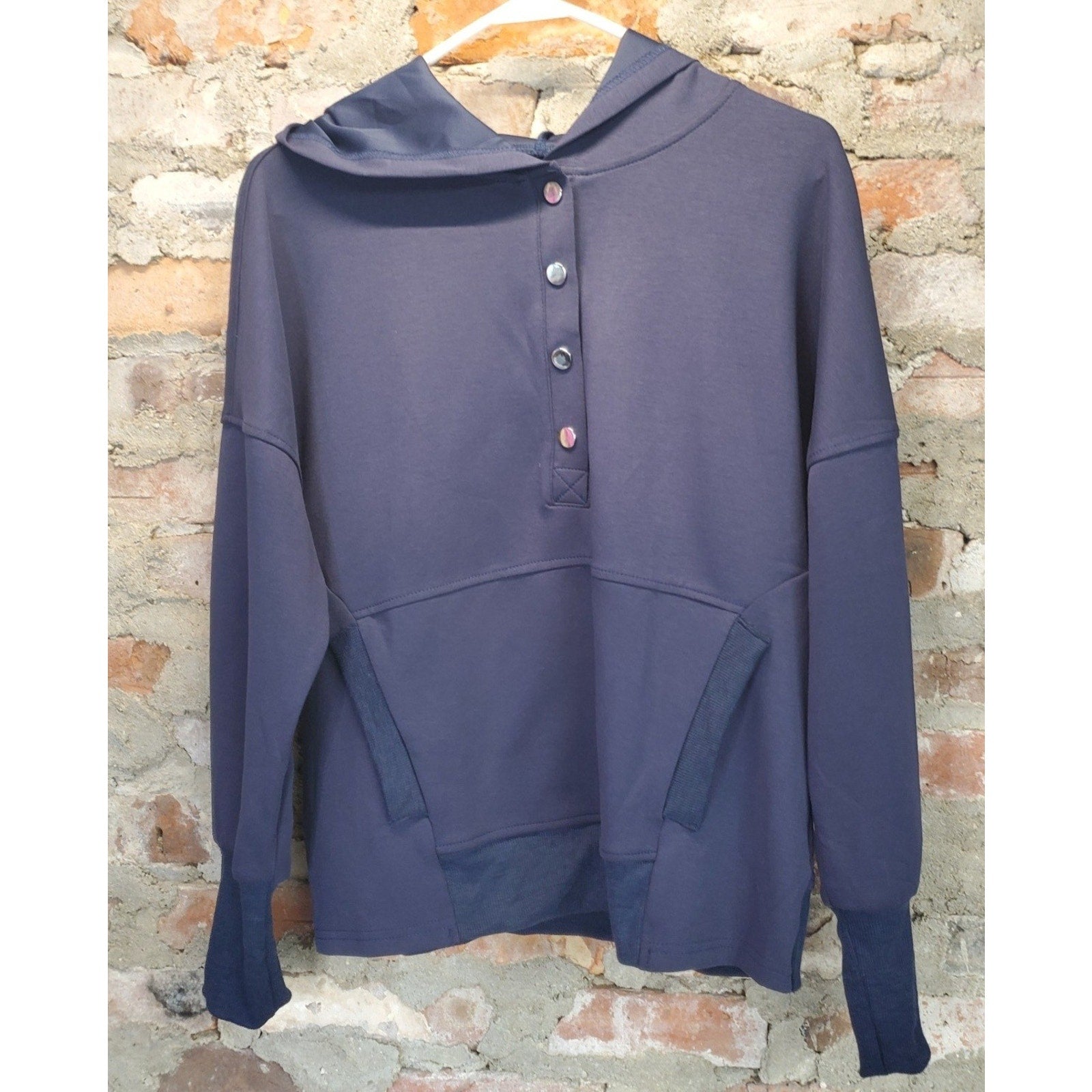 Fashion Hoodie Pullover S Navy Blue Snap Button Hooded Front Pocket