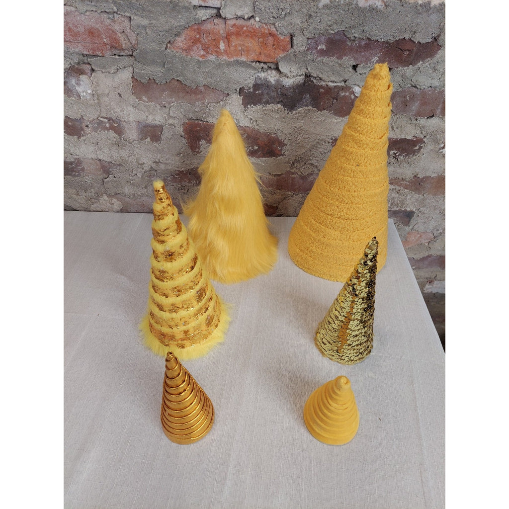 Yellow Gold Cone Decor Set Christmas Tabletop Centerpiece Furry Sequin Glitter